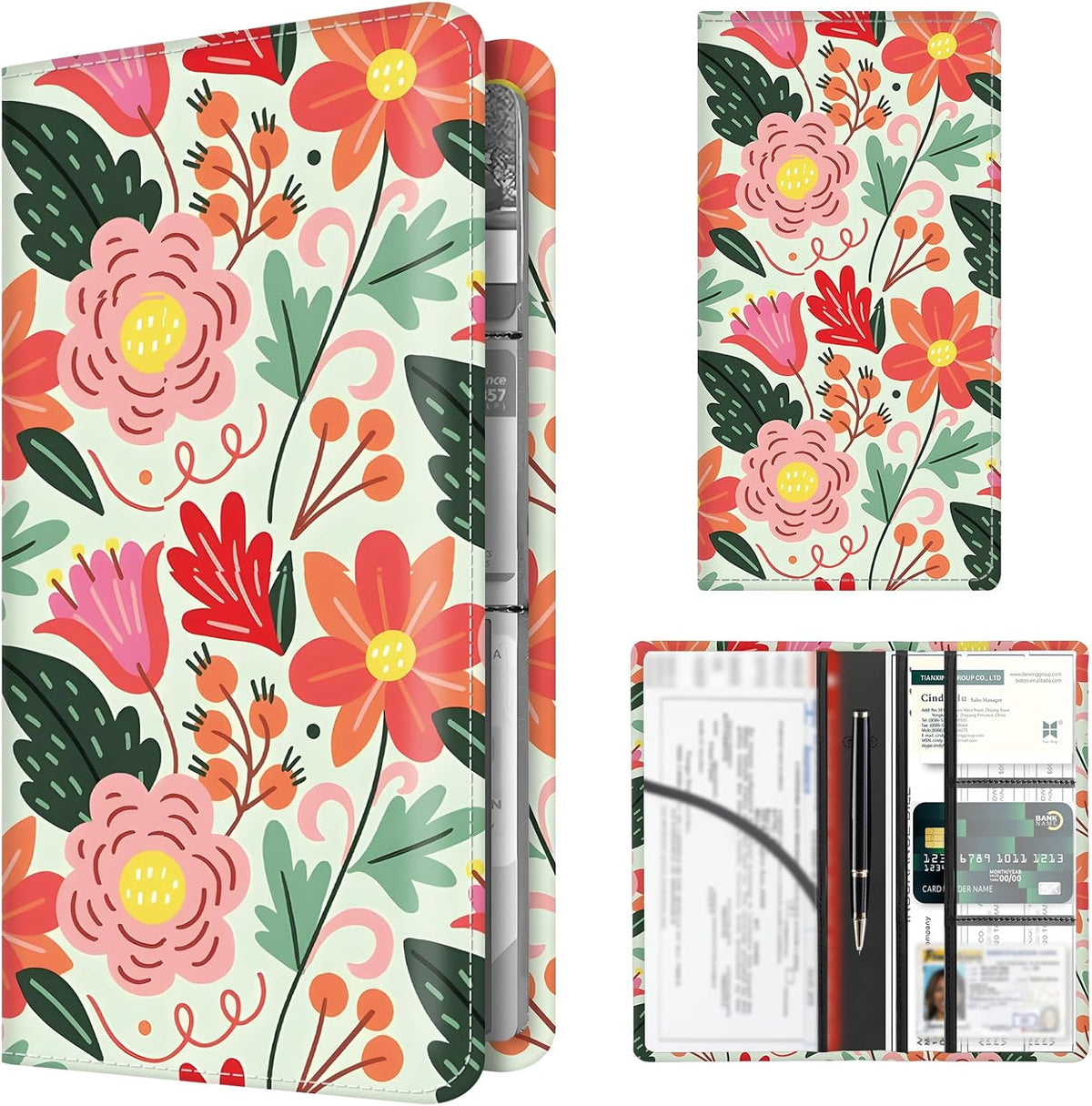 Premium Car Registration and Insurance Card Holder, Cute PU Leather Car Document Holder, Vehicle Glove Box Car Organizer with Magnetic Closure for Driver License, Cards Boho Flowers