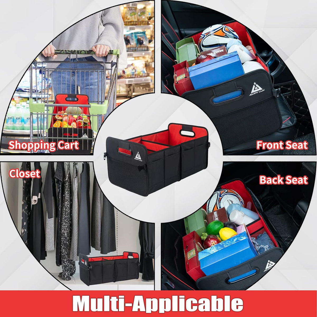 JOJOY LUX Car Trunk Organizer with Multi Compartments - Automotive Collapsible Cargo Containers with 11 Pockets &amp; Reinforced Handles, Vehicle Grocery Organizer Bin Caddy Bag for SUV Van Truck