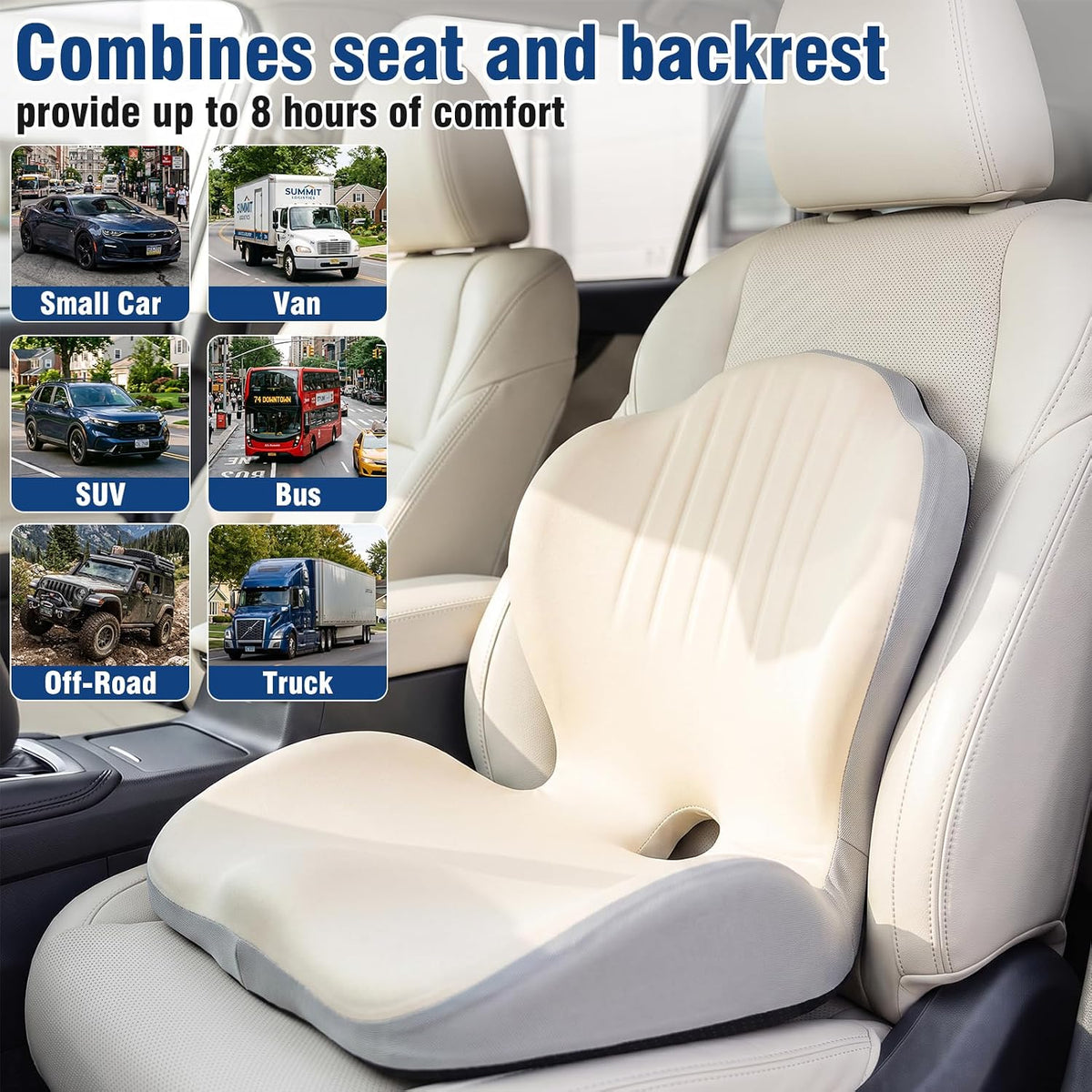 Car Seat Cushion with Lumbar Support Pillow, Memory Foam Office Chair Cushion for Back Pain Sciatica Pain Relief, Ergonomic L-Shaped Seat Cushion for Car Truck Driving Office Chair Home (White Gray)
