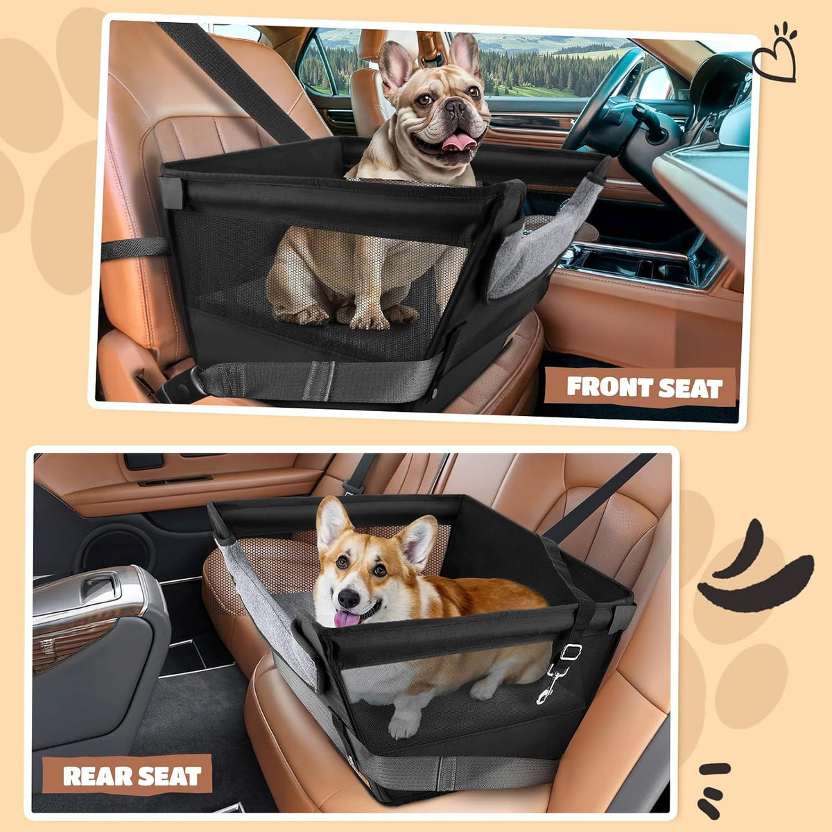 BONTHEE Elevated Dog Car Booster Seat for Dogs &amp; Cats up to 35LB, 6-Inch Memory Foam Pet Booster Seat, Side Breathable Mesh,Portable Travel-Safe Bed for Cars,Elevated Car Seat for Small Medium Dogs