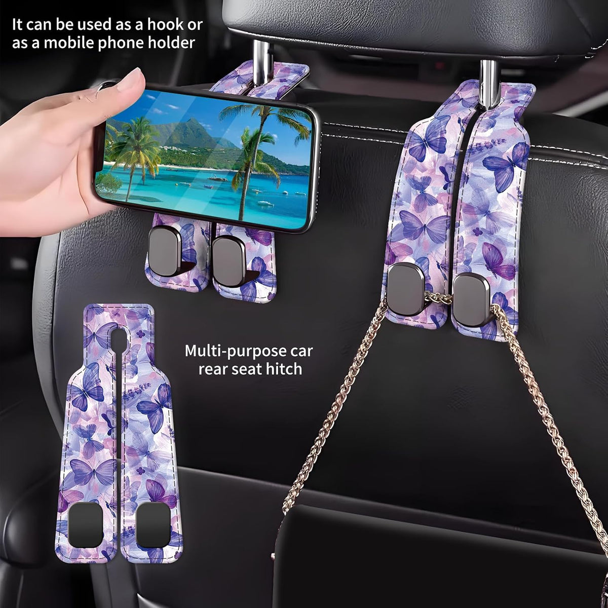 Car Seat Back Storage Headrest Hook, Premium Leather Double Metal Hook, Hanger Storage Organizer for Purse Cloth Bag, Car Interior Accessories Blue Cute Butterfly
