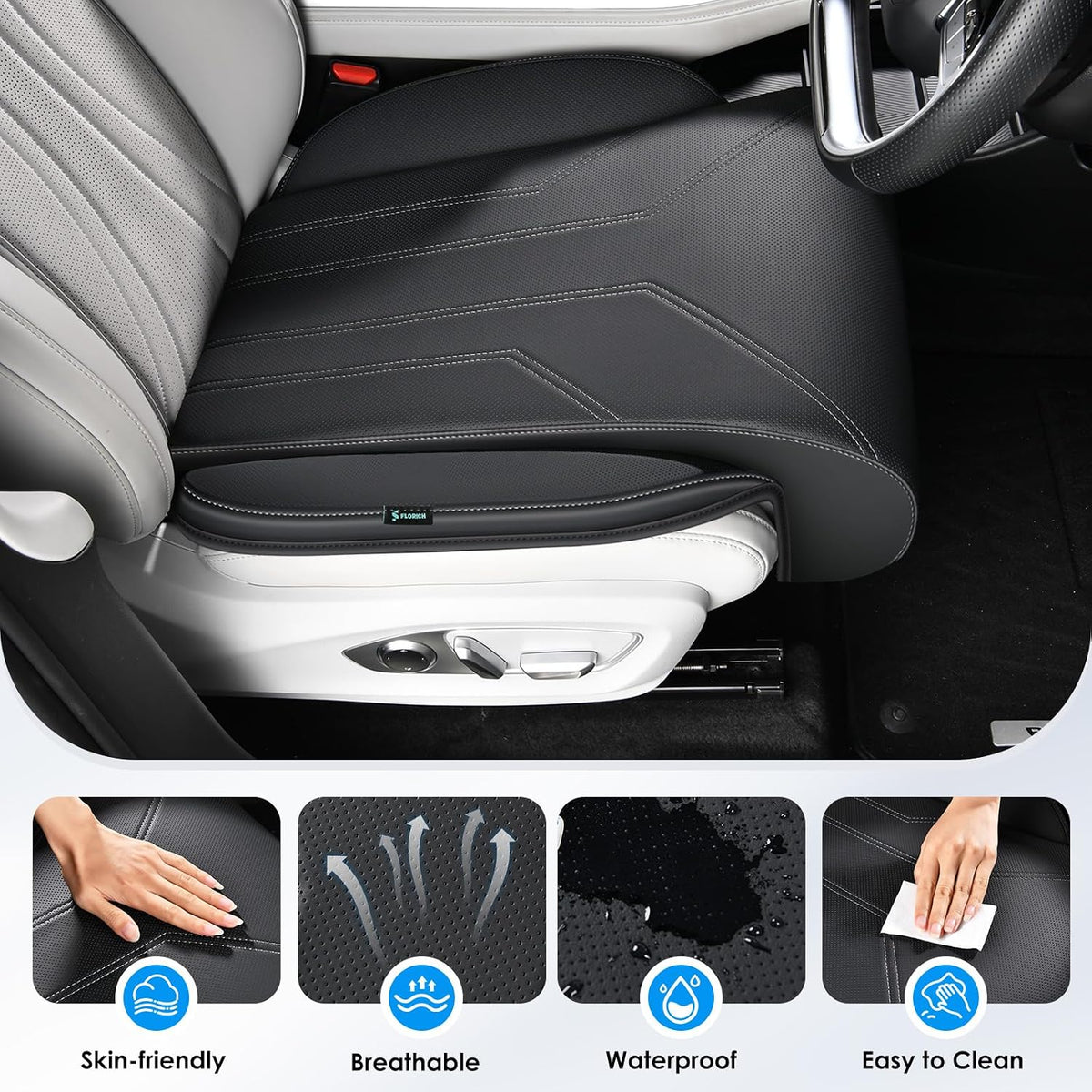 FLORICH Car Seat Extender Leg Support Cushion for Driver Seats Office Chair, Leather Memory Foam Widened seat Cushion for Long Drivers Universal Car Seat Cushion Legs Rest Pads-Dark Black