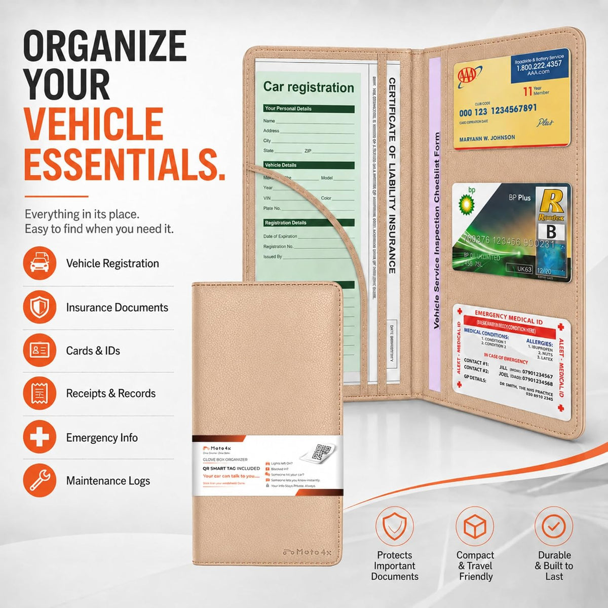 Car Registration and Insurance Card Holder,Beige Premium PU Leather Folder