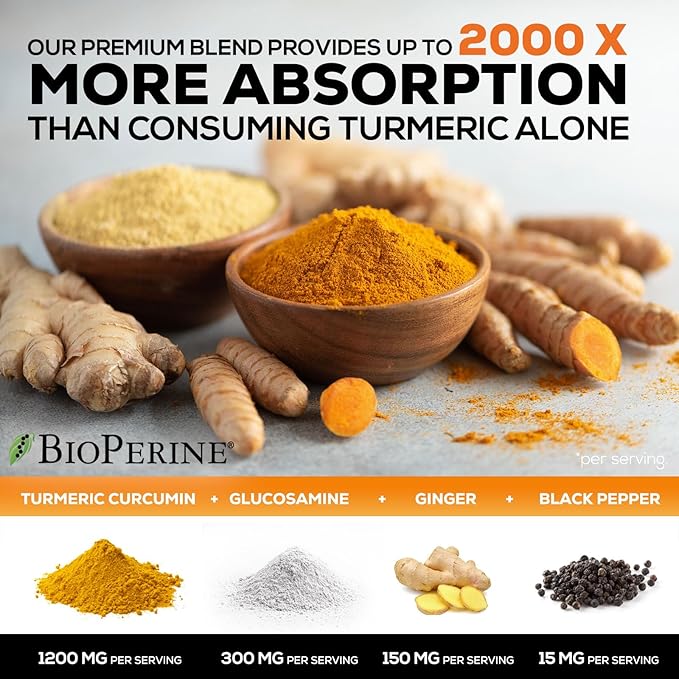 Turmeric Curcumin Supplement 2000mg with Glucosamine Chondroitin & Ginger, 95% Curcuminoids, BioPerine Black Pepper for Best Absorption, Nature's Joint Support, Non-GMO, Bottled in USA - 60 Capsules