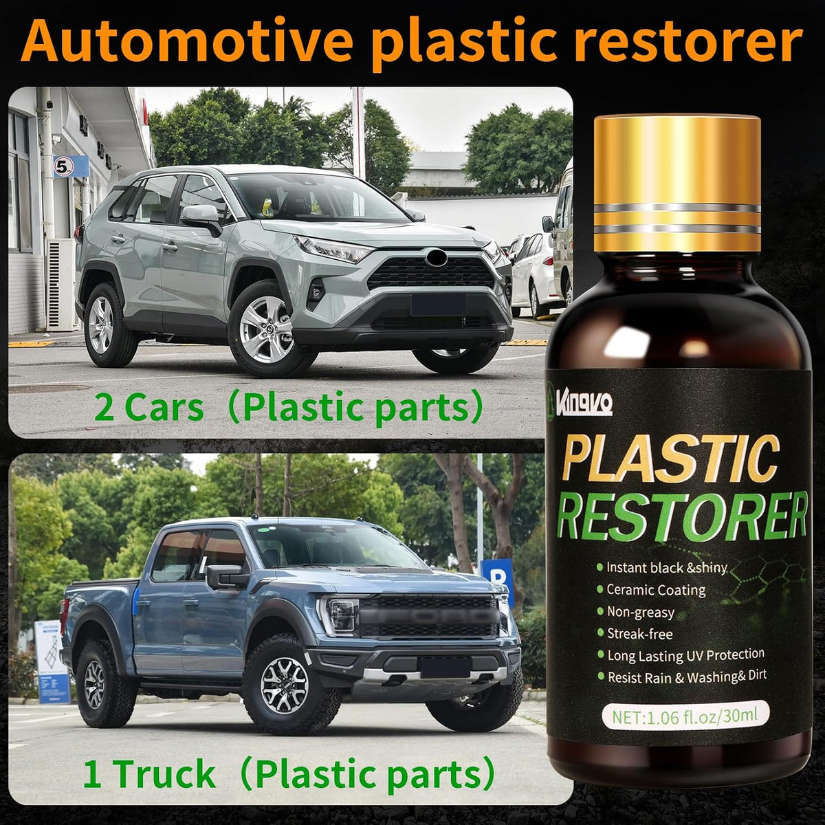 Kingvo Plastic Restorer for Cars, Black Plastic Trim Restoration,Vinyl Trim Restorer Automotive Hydrophobic Ceramic Coating with Foam Applicator,30ML(4-Pack)