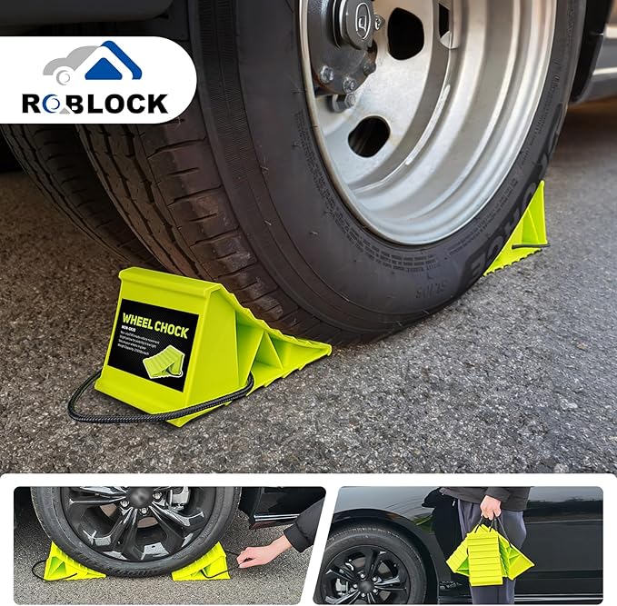 ROBLOCK 4 Pairs Wheel Chocks for Travel Trailers, Non Slip Base Heavy Duty Green Camper Wheel Chockwith Rope, Lightweight Wheel Stoppers for Cars, Camper Trucks, RVs, Easy to Carry, Green