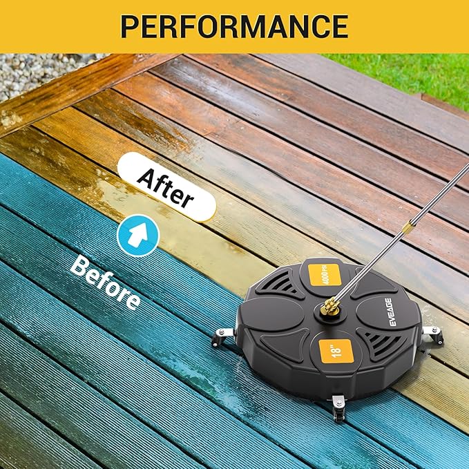 EVEAGE 18 Inch Large Size Pressure Washer Surface Cleaner Attachment with Wheels, 4000 PSI Power Washer Accessory with 1/4" Quick-Connect,2 Extension Wand for Driveways Sidewalks Patios Cleaning