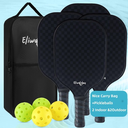 Eliwdshen Pickleball Paddles Set of 4, Fibreglass Pickle-Ball Equipment with 4 Pickleballs, 4 Rackets and Bag, Meets USAPA Standards, 13MM Polypropylene Honeycomb Core Rackets for Men, Women, Kids