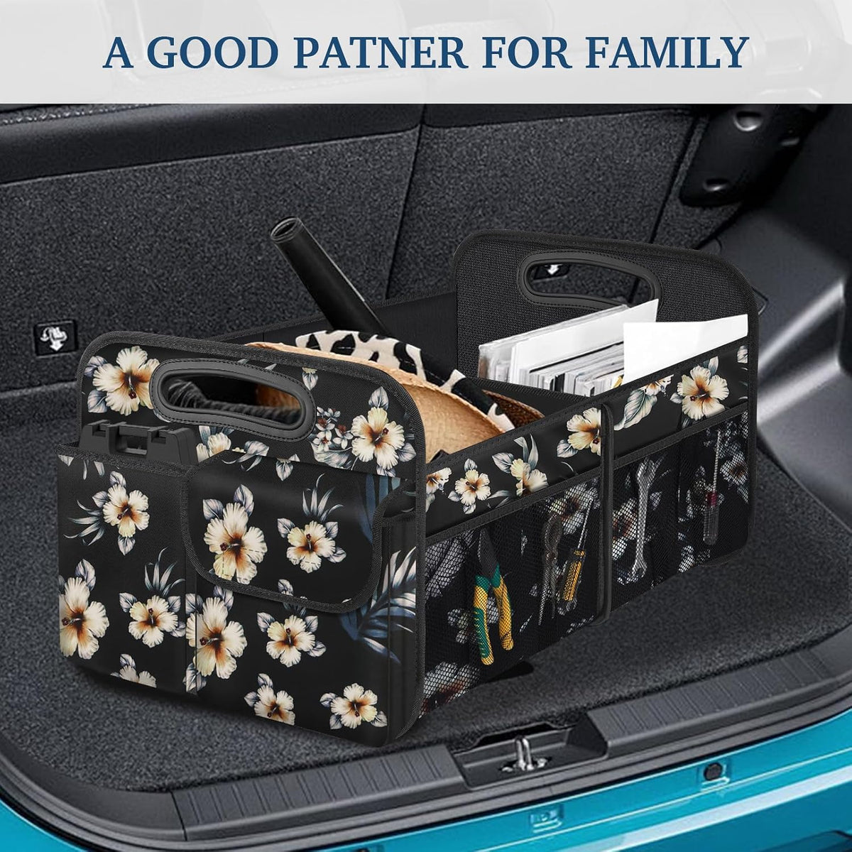 Femuar Car Trunk Organizer, Car Storage Organizer with Large Capacity Waterproof Collapsible Trunk Organizer for Car Suv/Jeep/Sedan (Hibiscus flowers, Standard)