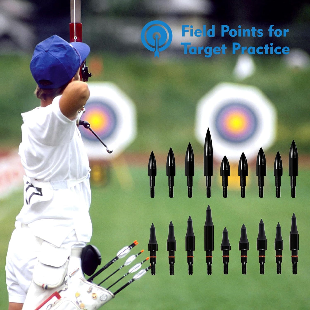 Skiennix Archery Arrow Tips - 12pcs Field Tips for Recurve & Compound Bows | 100-200 Grain, 5/16 Inch