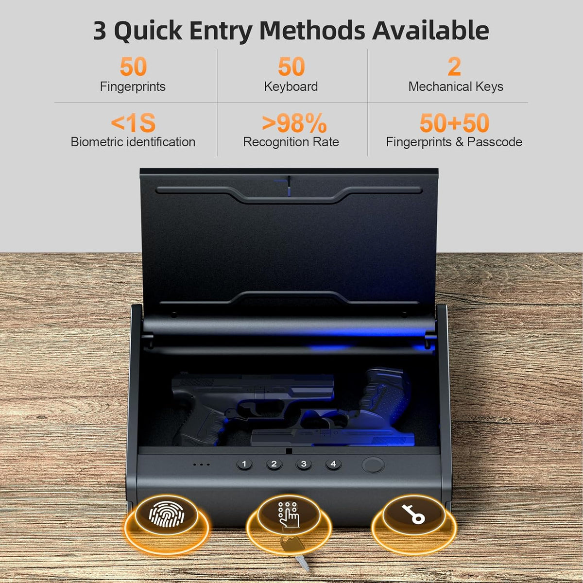 PINEWORLD Biometric Fingerprint Handgun Safe with Raised Backlit Keypad&Key | Interior Light & Emergency Power Supply& Voice Navigation & Mute Mode, With Cable For Home, Nightstand, Car,Travel. Nice Gift