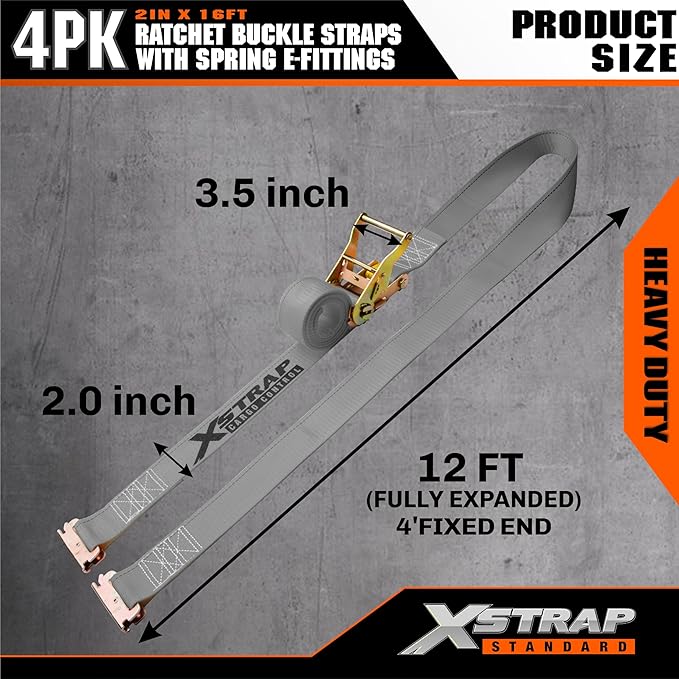 XSTRAP STANDARD E-Track Ratchet Straps, 4 Pack 2" x16' Heavy Duty Cargo Tie-Downs, 4400LBS Breaking Strength, Standard E Track Fitting Tie Down Ratcheting Strap for Cargo Vans, Trucks, Trailers (Grey)