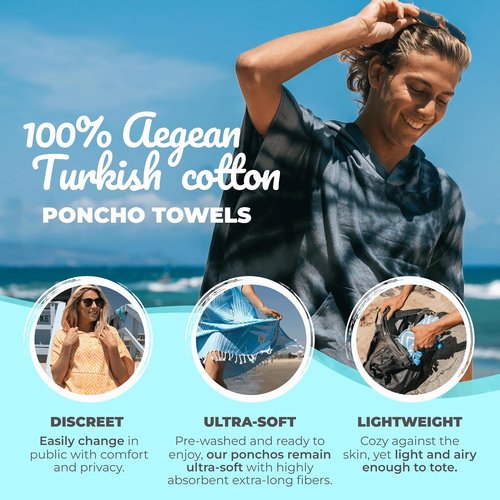 Nova Blue Surf Poncho - Large Hooded Changing Towel (33 x 37) - 100% Cotton for Beach & Pool Use