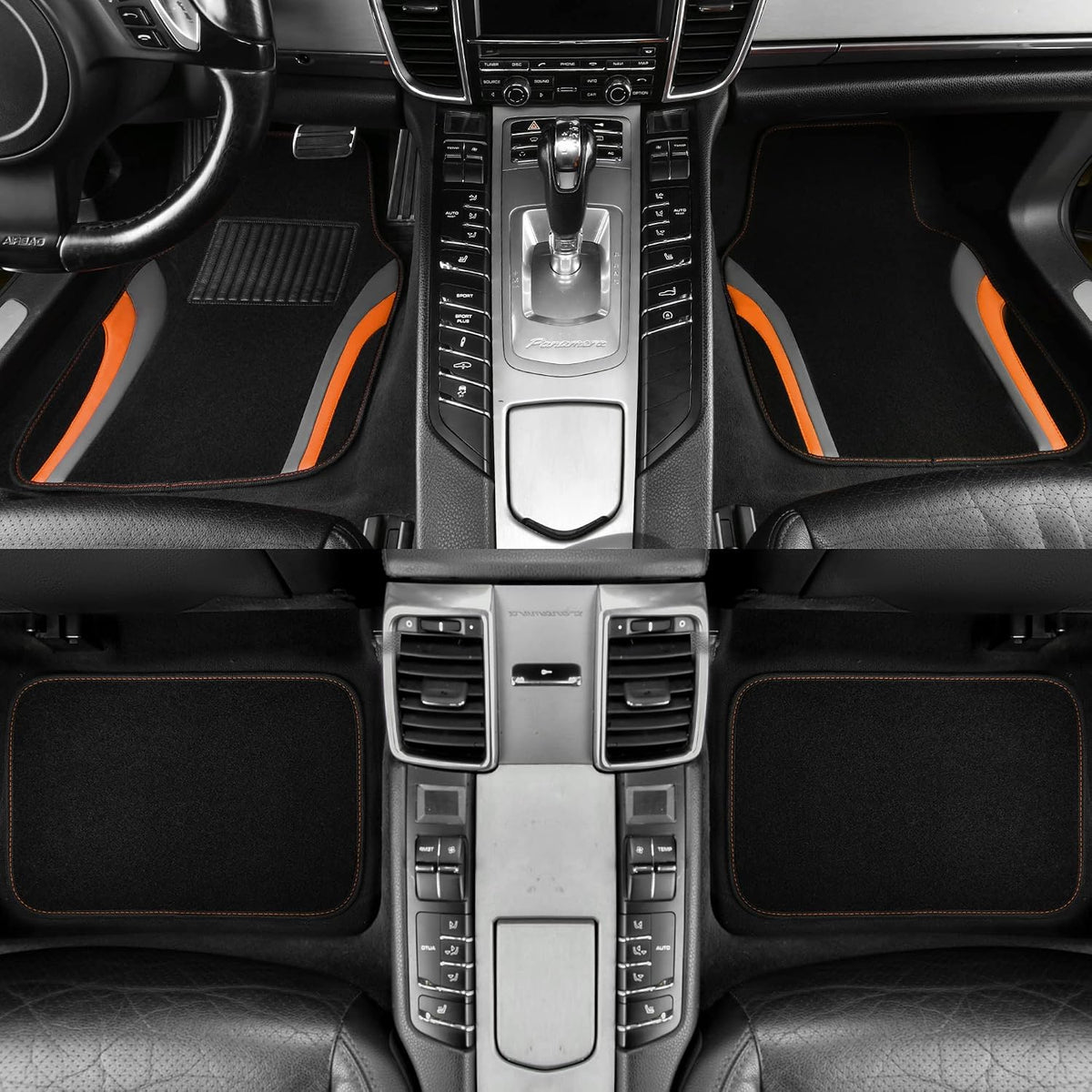 CAR PASS Leather Sporty Car Floor Mats Carpet, Universal Waterproof Automotive Floor Mat Fit for Sedans, Cars, Mid Trucks, Vans, SUV, Set of 4 (Black and Orange)