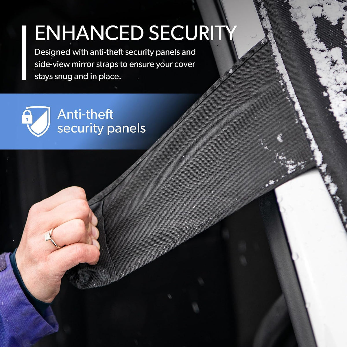 FrostGuard Plus | Winter Windshield Cover for Ice and Snow, Standard Size (Black) - Built-in Security Panels, Wiper Blade Coverage + Mirror Covers - Fits Standard Size Cars, 59 x 41 Inches