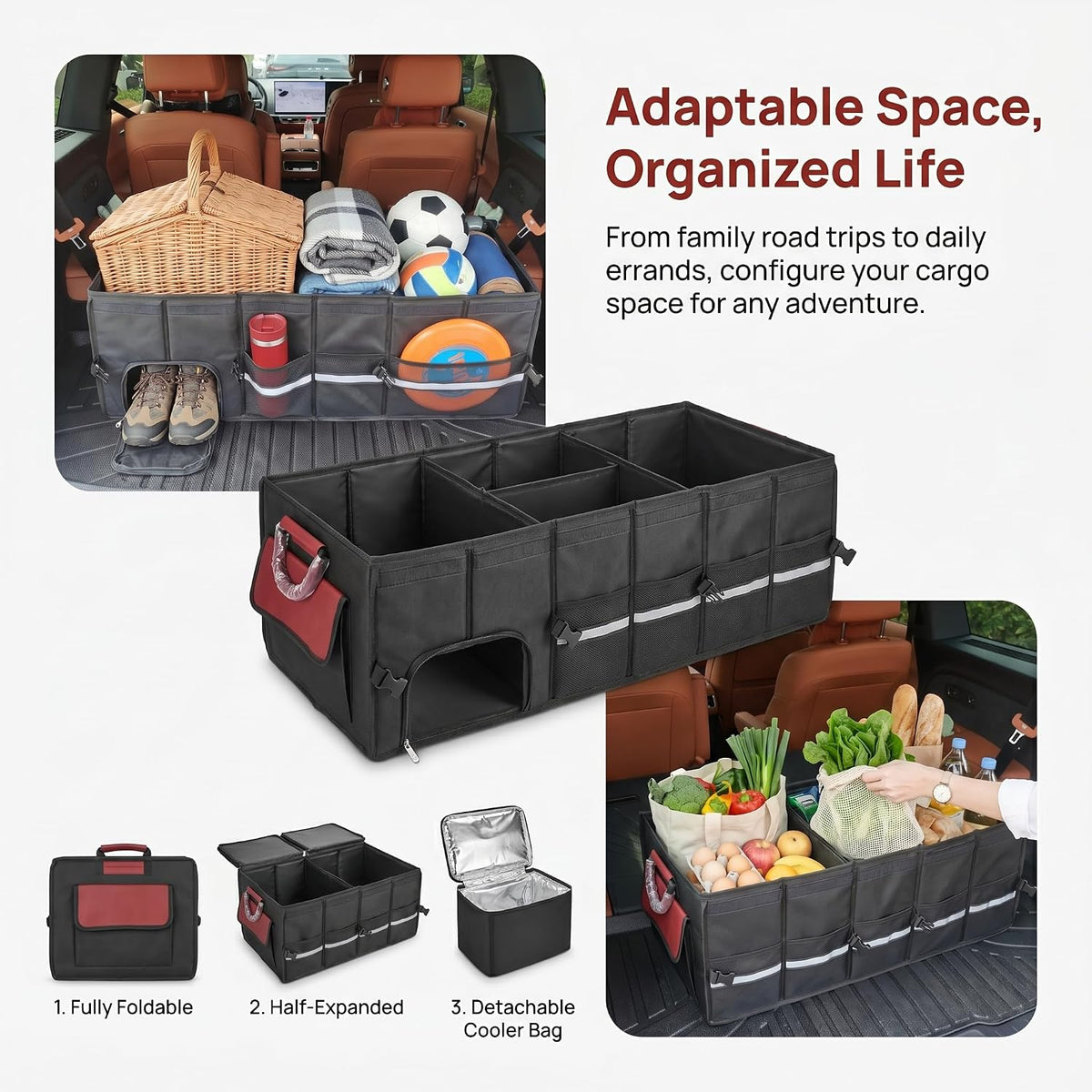 J&J Extra Large Collapsible Car Trunk Organizer With Cooler Bag | L:35.4" ,112L Car Trunk Organize,31.5L Cooler Bag,1680D oxford fabric, durable material,Suitable for SUV and Truck