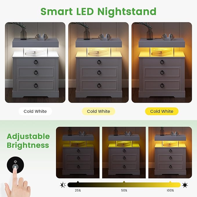 HNEBC Night Stand Set 2 with Gun Drawers, Farmhouse Nightstand with Charging Station, Secret Bedside tabel with 3 Color Auto Light, Smart End Table with Hidden Storage for Bedroom Furniture-White