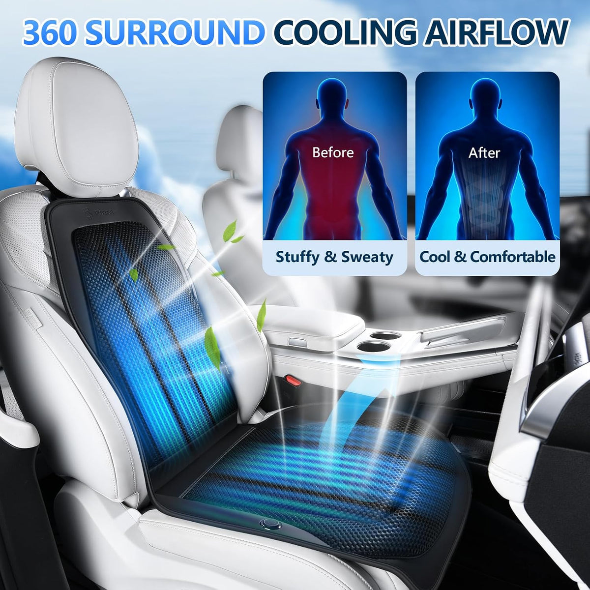 FLORICH Cooling Car Seat Cover Front Seat with Blowing&Suction, 12V-24V Ventilated Car Seat Cushion with 8 Turbo Fans, 3-Speed Adjustable Universal Fit Breathable Car Cushion for Summer Driving-Black