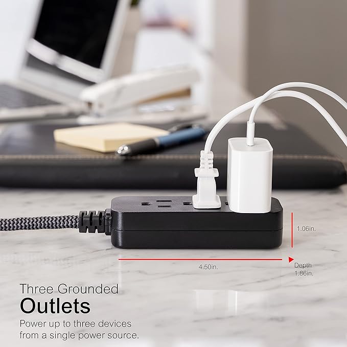 GE 3-Outlet Power Strip Surge Protector 15 Ft Braided Long Cord Extension Cord Surge Protector Power Strip Flat Plug Extension Cord 250 Joules ETL Listed Black 44237