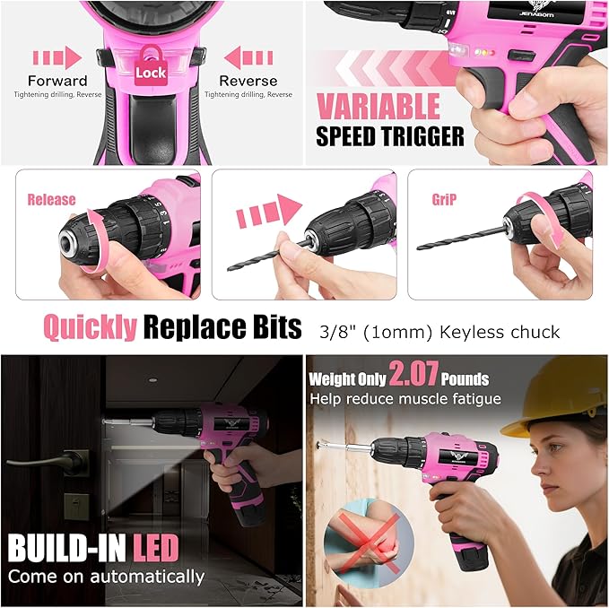 JENABOM Pink Tool Set - 12V Cordless Drill Kit, 151 Piece Home Tool Set With Power Drill, Tool Kits for Men & Women, Perfect for Homeowner, Diyer, Handyman