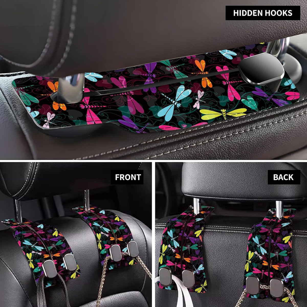 Car Seat Back Storage Headrest Hook, Premium Leather Double Metal Hook, Hanger Storage Organizer for Purse Cloth Bag, Car Interior Accessories Boho Cute Dragonfly