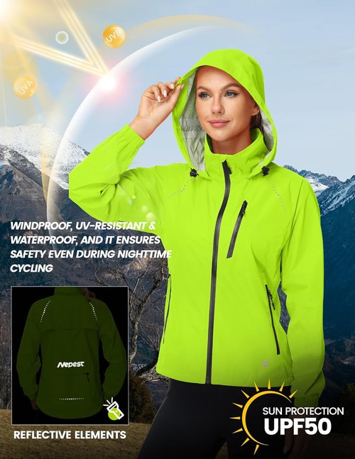 Nepest Women's Lightweight Waterproof Cycling Rain Jacket - Packable Hooded Windbreaker with UPF 50+ Protection