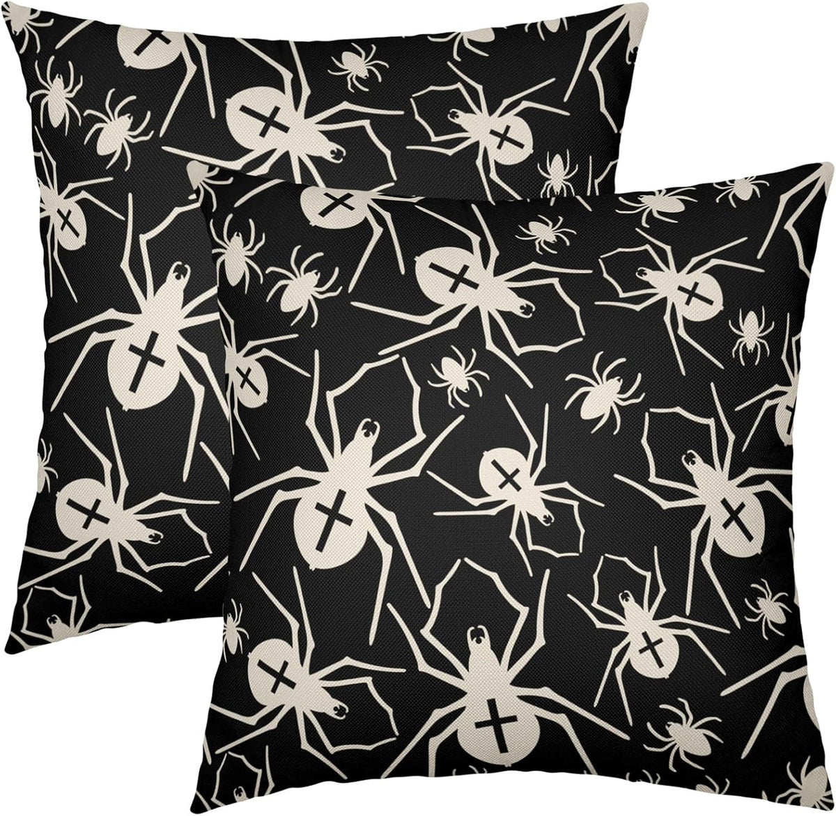 Black Halloween Pillow Covers 18x18 Set of 2 Cream Spider Print Outdoor Decorative Throw Pillows Holiday Scary Themed Farmhouse Pillowcases Linen Cushion Case Decor for Home Sofa Couch Bed