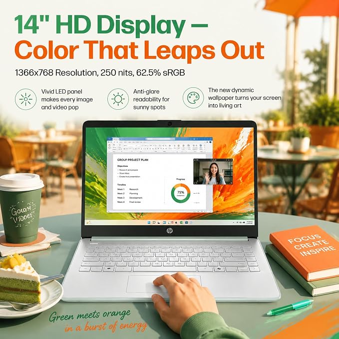 HP 14 Laptop for Students and Home Use, Intel Processor N150, 16GB RAM | 128GB UFS+256GB MSD, 14" HD Display, Wi-Fi 6, 1-Year Microsoft 365, Copilot AI Key, Lightweight, Willow Green, W/Mouse
