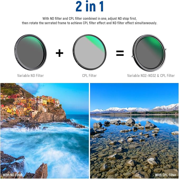 NEEWER 2 in 1 82mm Variable ND Filter ND2–ND32&CPL Filter No X Cross/30 Layer