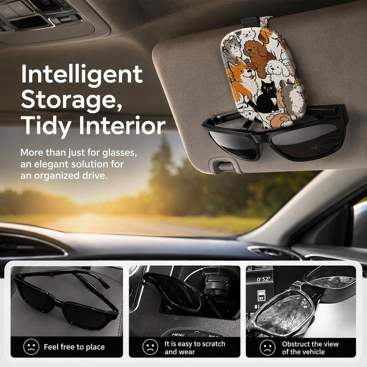 Sunglasses Holder for Car Visor, PU Leather Glasses Clip Organizer, Cute Magnetic Eyeglass Holder for Vehicle Sun Visor, Car Interior Accessory for Women & Men, Puppy Kitten