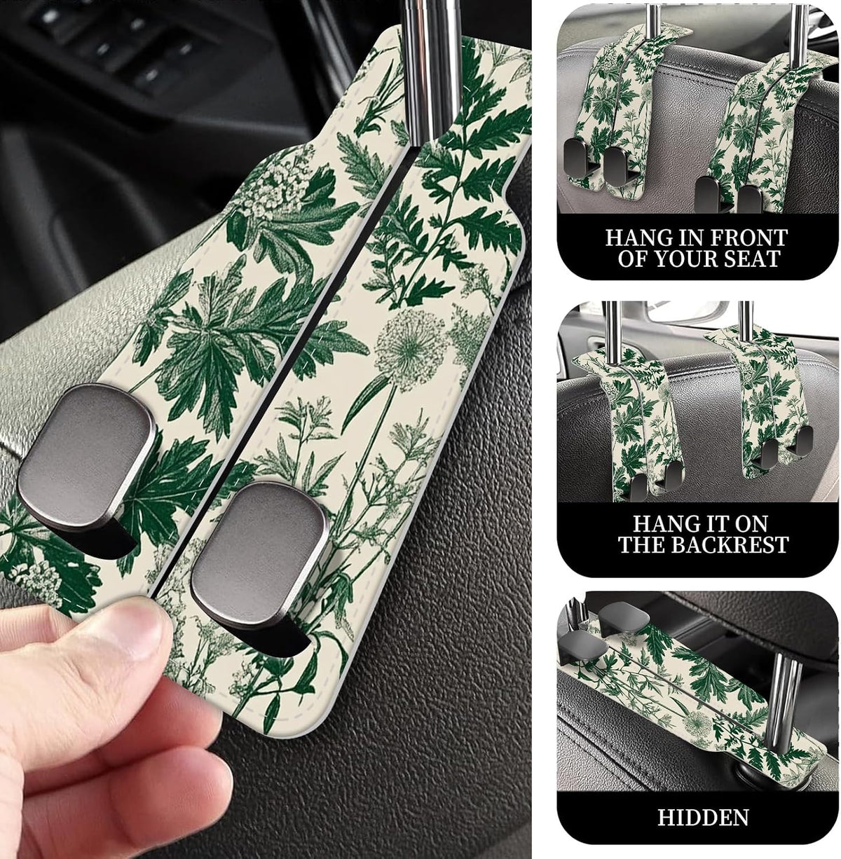 PU Leather Car Seat Hook, Storage Headrest Hanger, Cute Car Backseat Organizer, Car Hooks For Purses and Bags Green Floral