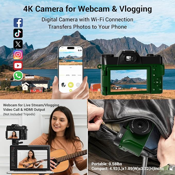 75MP Digital Camera, 4K WiFi Vlogging Camera