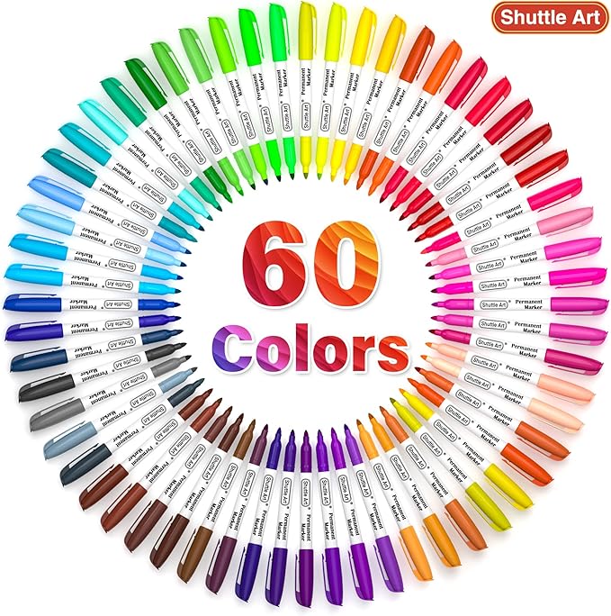 Shuttle Art 60 Colors Permanent Markers, Fine Point, Assorted Colors, Works on Plastic,Wood,Stone,Metal and Glass for Doodling, Coloring, Marking