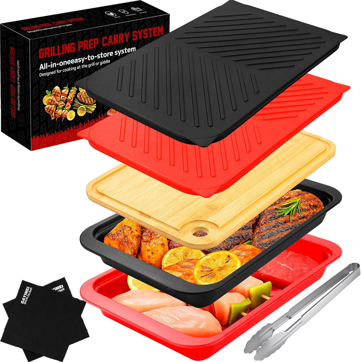 Deep Grill Carry System with Lids, Cutting Board, Tong, Gift Ready BBQ Carry Tray for Prepping, Marinating and Serving, Diswasher Safe, Nesting Platters Black in Red