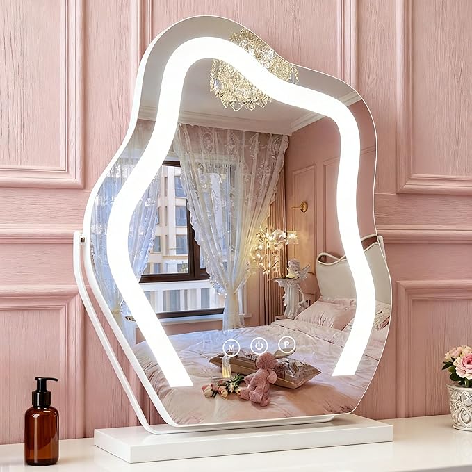 Makeup Mirror with Lights - 17″ Cloud Shaped Smart Touch 3-Color Dimmable 360° Rotation Memory Metal Frame Plug-in AC Power Tabletop Vanity Mirror Gift for Women Teen Girls White