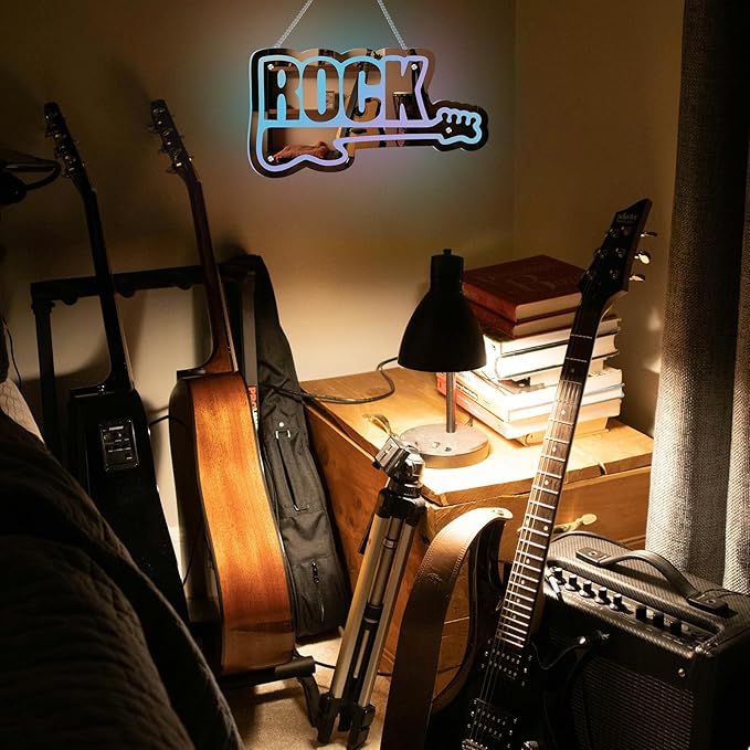 ROCK Neon Sign with Guitar Design Color Changing Mirror LED Wall Light App Control DIY Color Live Music Neon Light Music Party Bar Pub Decor LED Guitar Gift for Kpop Fans Guitar Players