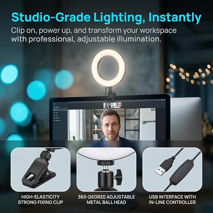 6" Ring Light with Desk Tripod Stand and Clip | Video Conference Lighting