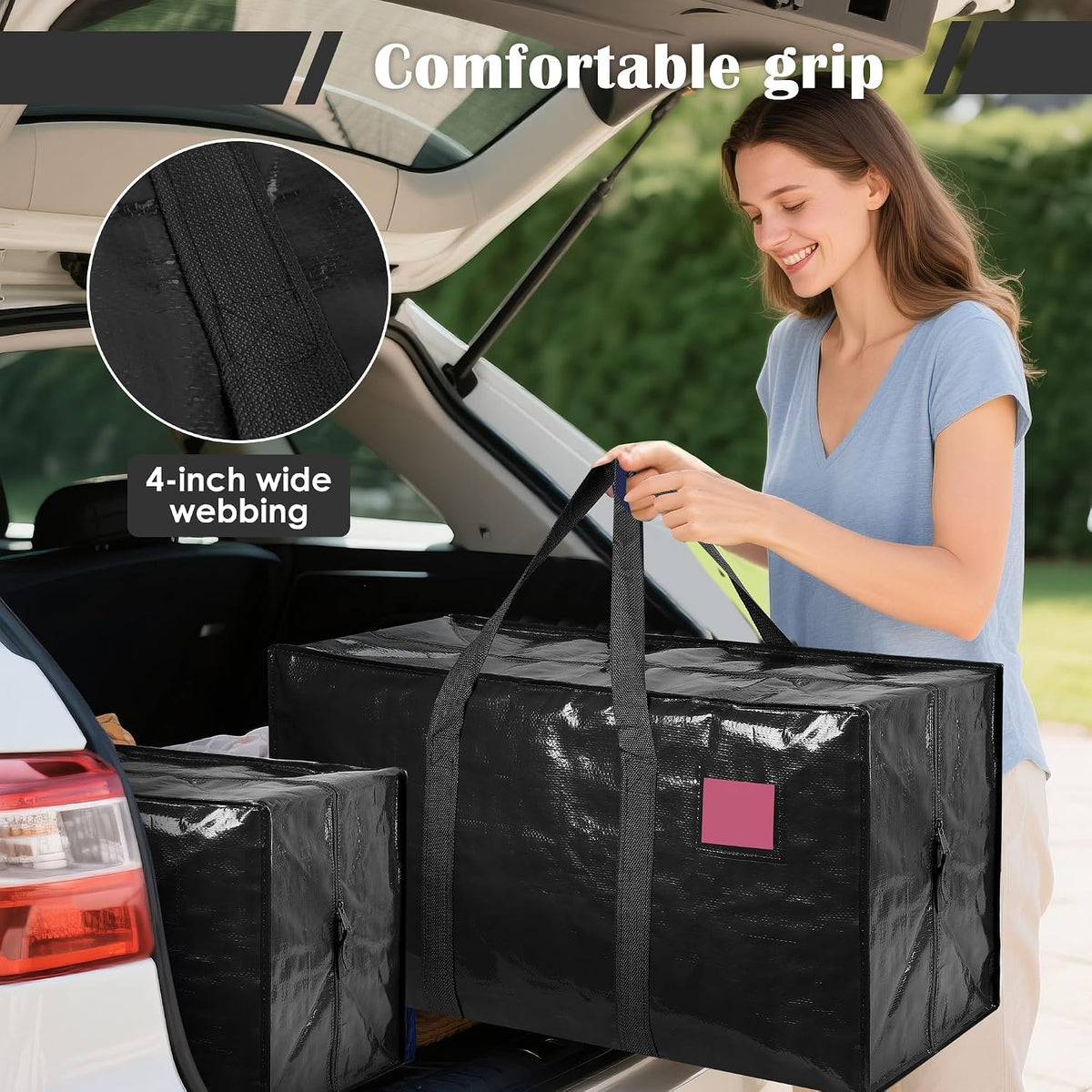 6 Pack Moving Bags with Full-Open Side Zipper, Extra Large 93L Heavy Duty Waterproof Foldable Storage Totes for College Dorm, Moving & Home Organization Black