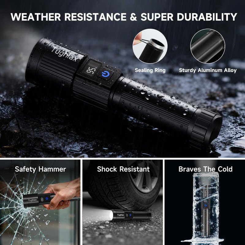 Tughlax 4Pack Rechargeable Flashlights High Lumens 10000LM, Super Bright Flashlight with LCD Digital Display, 5 Modes Adjustable Flash Light, LED Flashlight Powerful, Tactical Flashlights for Home
