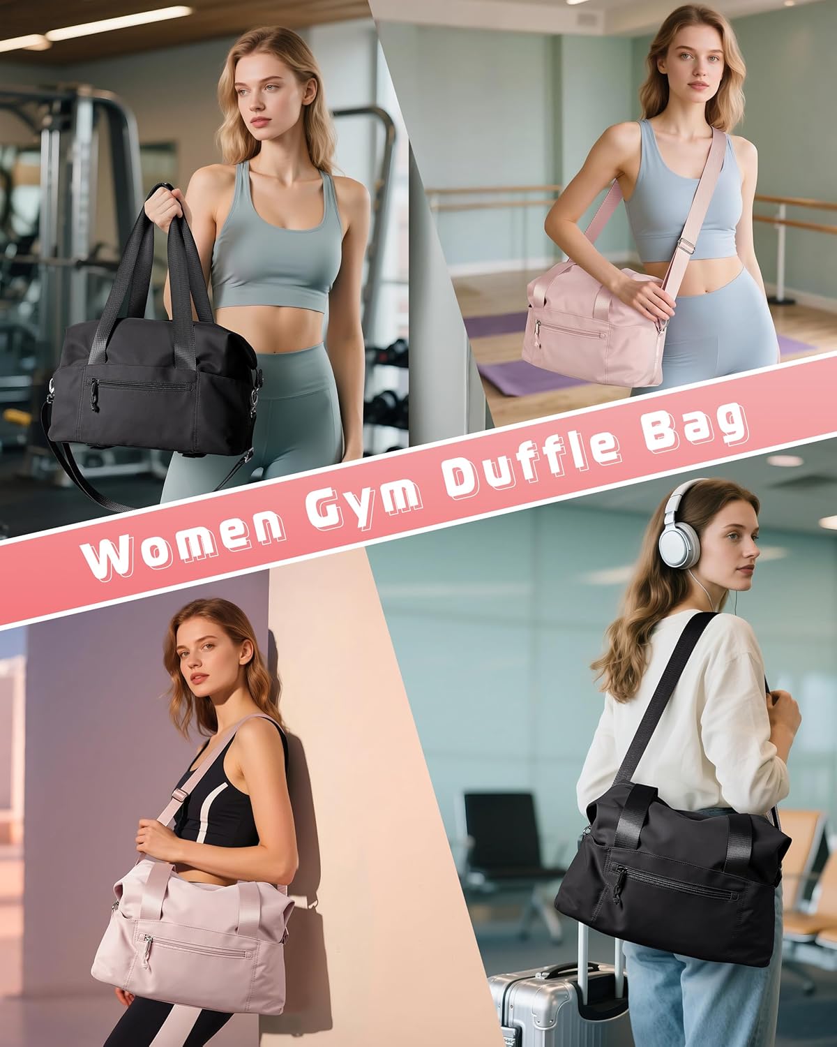 Smasrob Small Gym Bag - Yoga Mat Holder, Wet Pocket & Pouch | Black Duffle for Women with Crossbody Strap