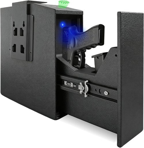 Biometric Pistol Gun Safe - Quick Access Auto Sliding Door | Fingerprint & PIN Code Security Box - Ideal for Nightstand & Truck