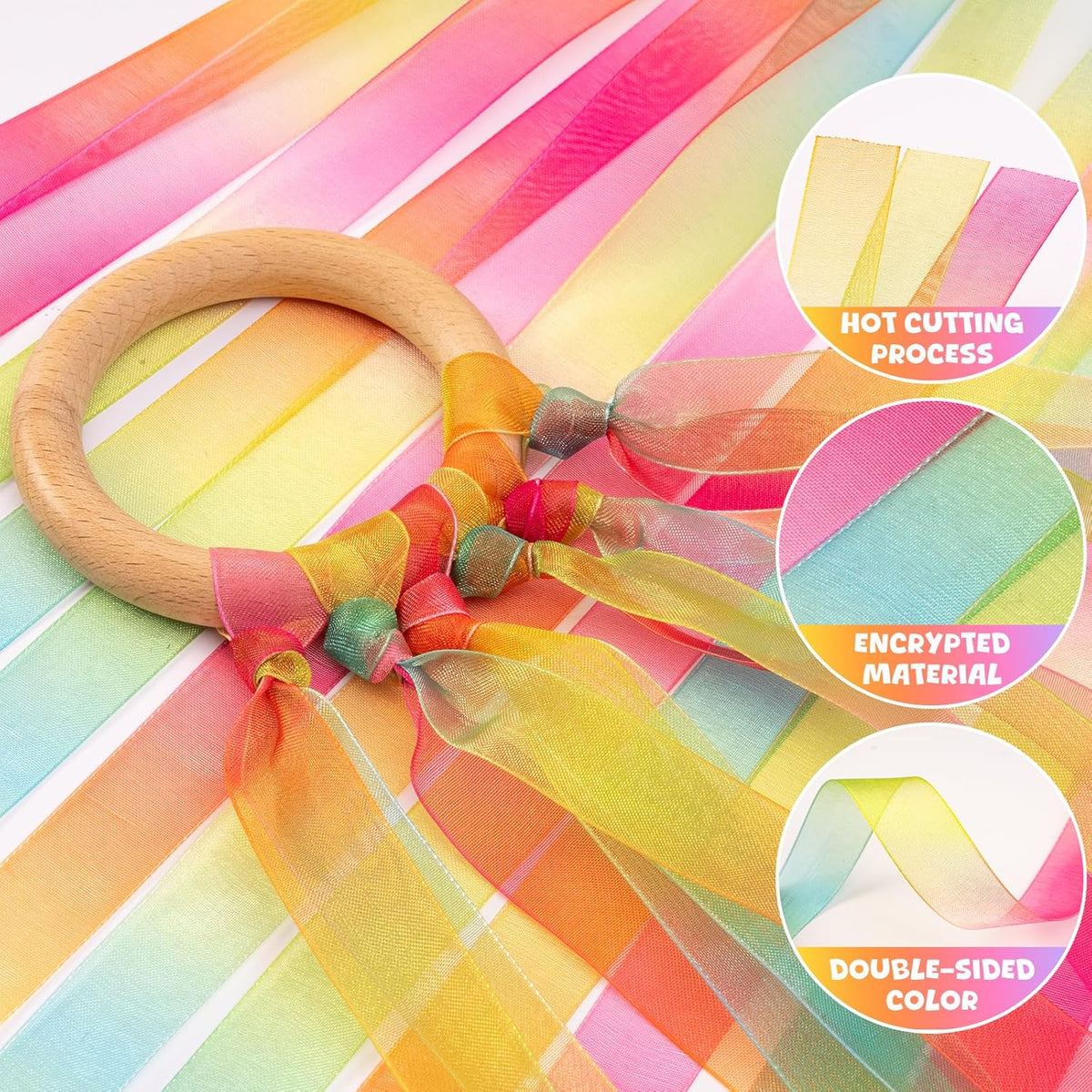 Skiennix Hand Kites - 2Pcs Colorful Dance Ribbons with Wood Ring for Gymnastics & Parties