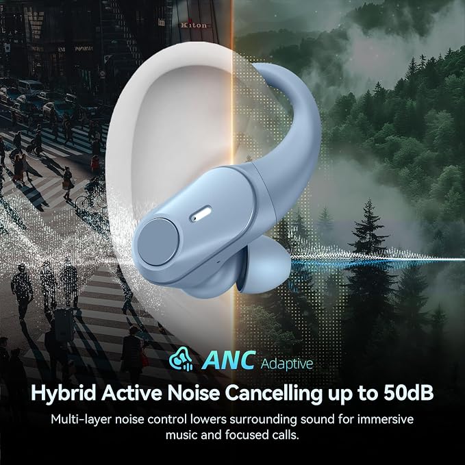 Active Noise Cancelling Ear Buds Wireless Earbuds 80H Playtime Bluetooth Headphones with LED Display Case, Hi-Res Audio Clear Calls Earphones with Over Ear Hooks for Running Gym Workout Sierra Blue