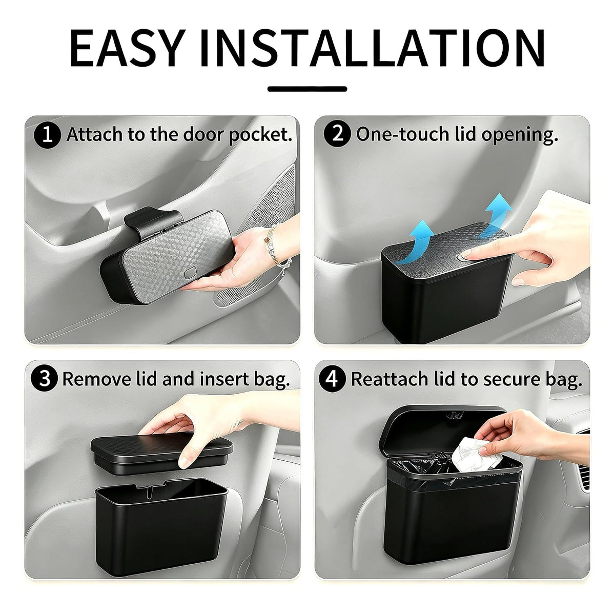 Mini Car Trash Can with Lid,Black ABS Hanging Bin for Door and Seat Back