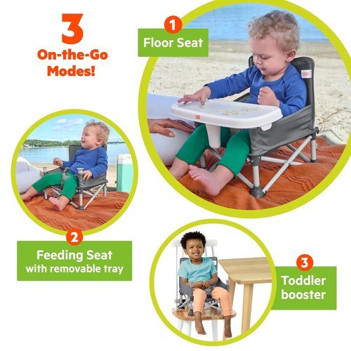 Bright Starts Pop 'N Sit Portable Booster - Versatile Floor Seat with Feeding Tray, Grey | 6 Mos - 3 Yrs