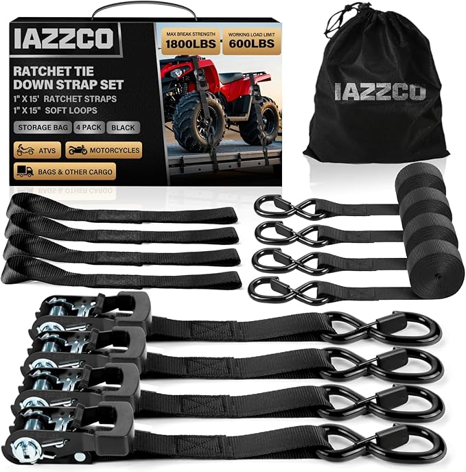 Ratchet Straps - Heavy Duty Tie Downs Straps - 1 Inch x 15 Feet 4 Pack - Safety S Hooks & Soft Loops, 1800LBS Break Strength for Men, Trucks Cargo Moving appliances Motorcycle ATV