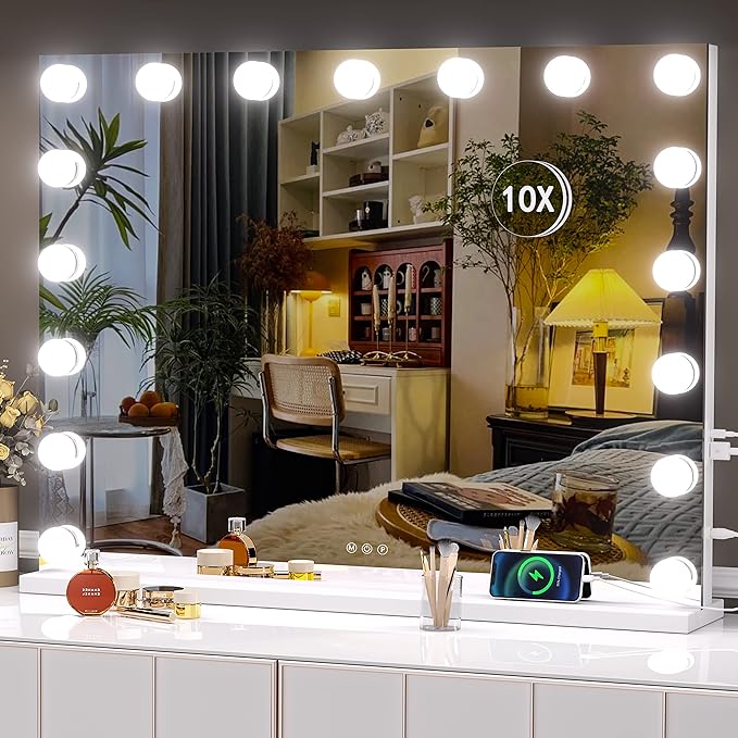 Hasipu 32" x24” Hollywood Vanity Mirror with Lights - Makeup Mirror with 17 Dimmable LED Bulbs, 10X Magnification, Touch Control, USB & Type-C Charging Port (Square White)