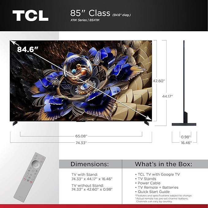 TCL 85-Inch Class X11K Series QD-Mini LED 4K UHD Google Smart TV Ultra Premium Mini-LED TV - QLED, 144hz, Anti-Reflective Screen, Bang & Olufsen Audio, Dolby Atmos (85X11K, 2025 Model)