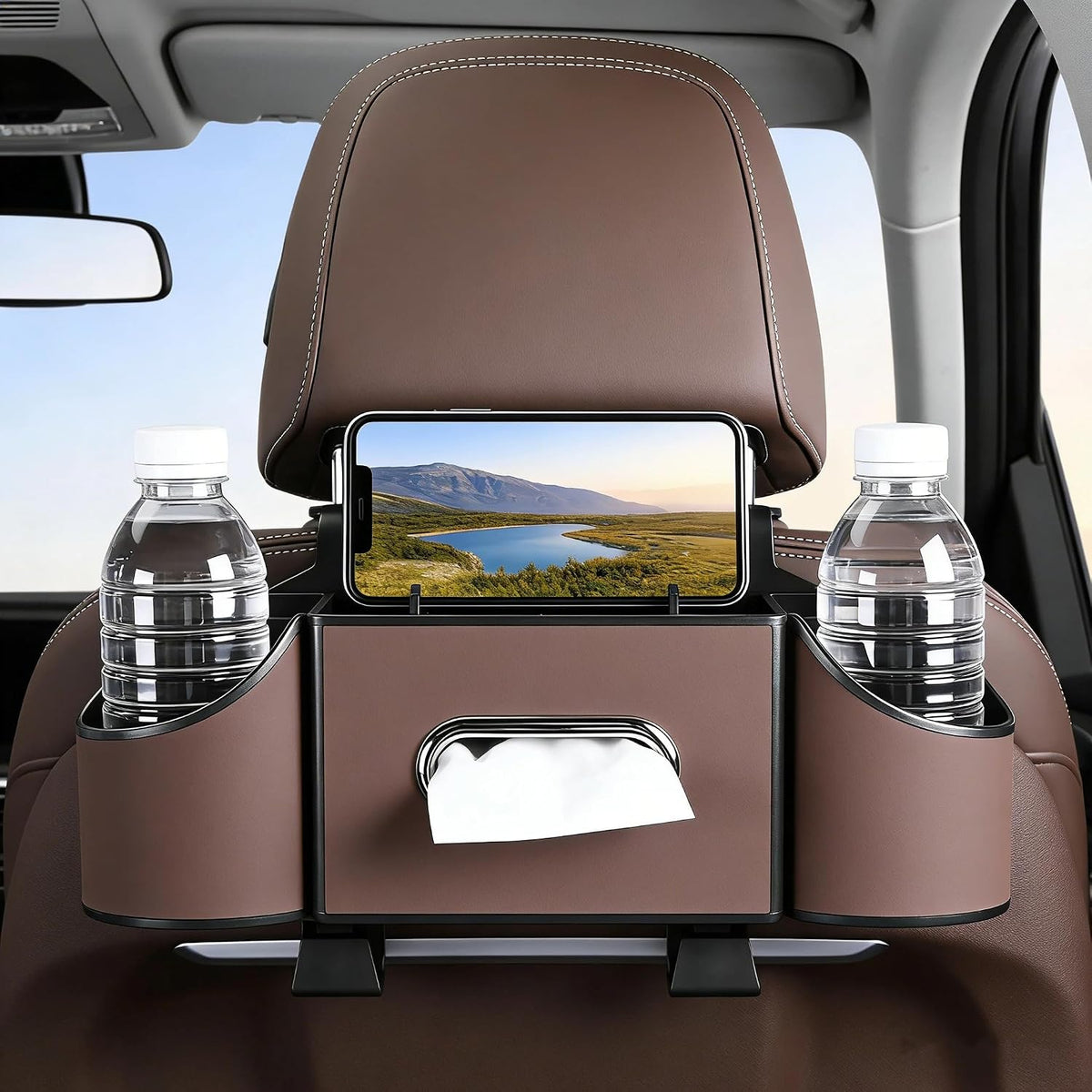 Back Seat Car Organizer, Nappa Leather Car Seat Organizer with Cup Holders and Tissue Box, Premium Hanging Storage Bag for SUV Truck Road Trip (2 PCS)