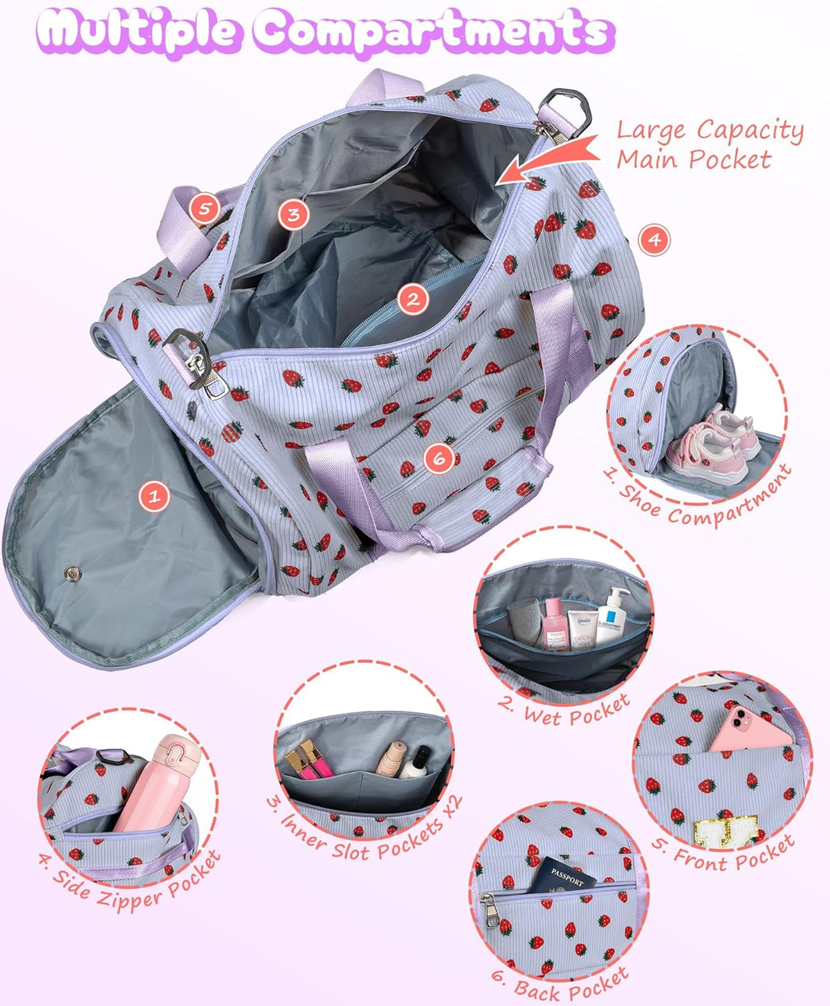 Skiennix Girls Gym Bag - Personalized Overnight Duffle with Shoe Compartment & Makeup Bag | Ideal Dance Recital Gift (Letter W)